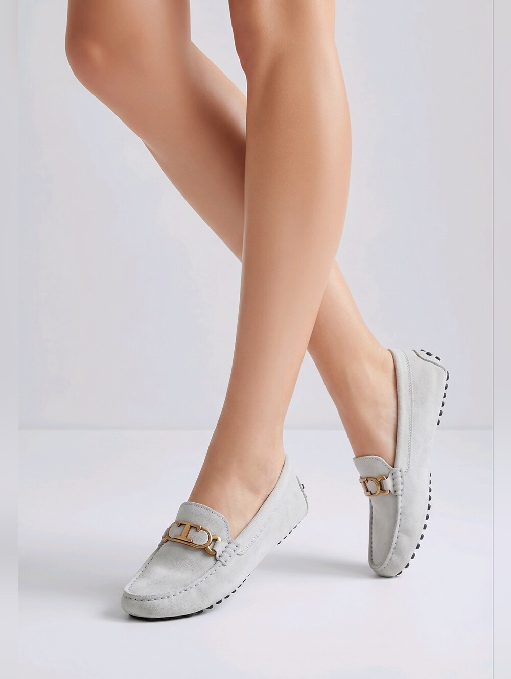 TOD'S Catenina Gommini Light Gray Women Loafers with Gold Accent